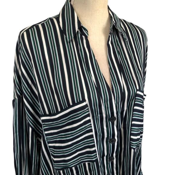Free People Mad About You Striped Button-Up Long Sleeve Shirt Navy Large NWT - Picture 5 of 12